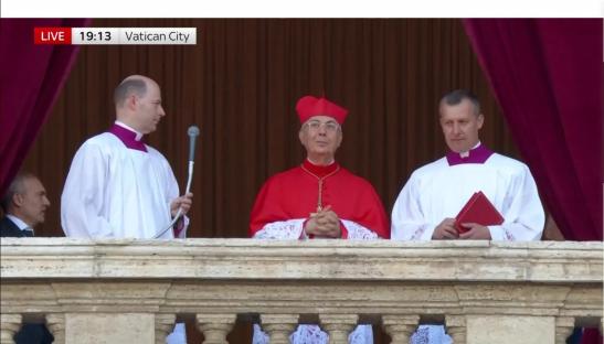 Screenshot of a news broadcast showing the announcement of a new Pope.