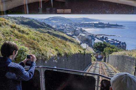 View from a cliff railway in Aberystwyth, Wales, overlooking the town and coastline.