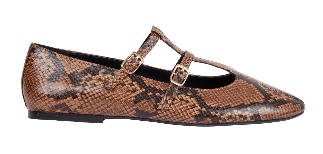 Brown snakeskin flat shoe with double straps and buckles.