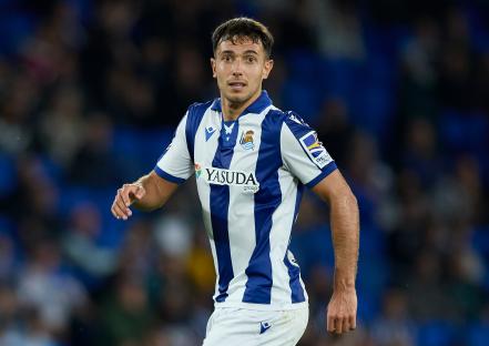 Martin Zubimendi of Real Sociedad during a soccer match.
