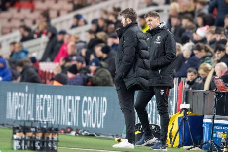 Middlesbrough manager Michael Carrick and his assistant Jonathan Woodgate on the sidelines.