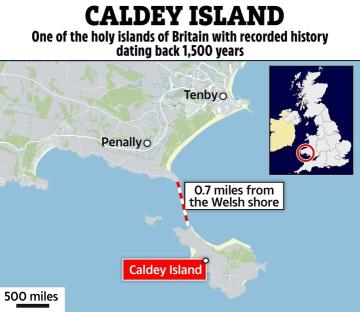 Map showing Caldey Island's location 0.7 miles off the Welsh coast.