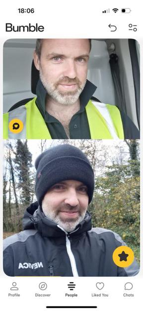 Screenshots of two men's Bumble dating profiles.