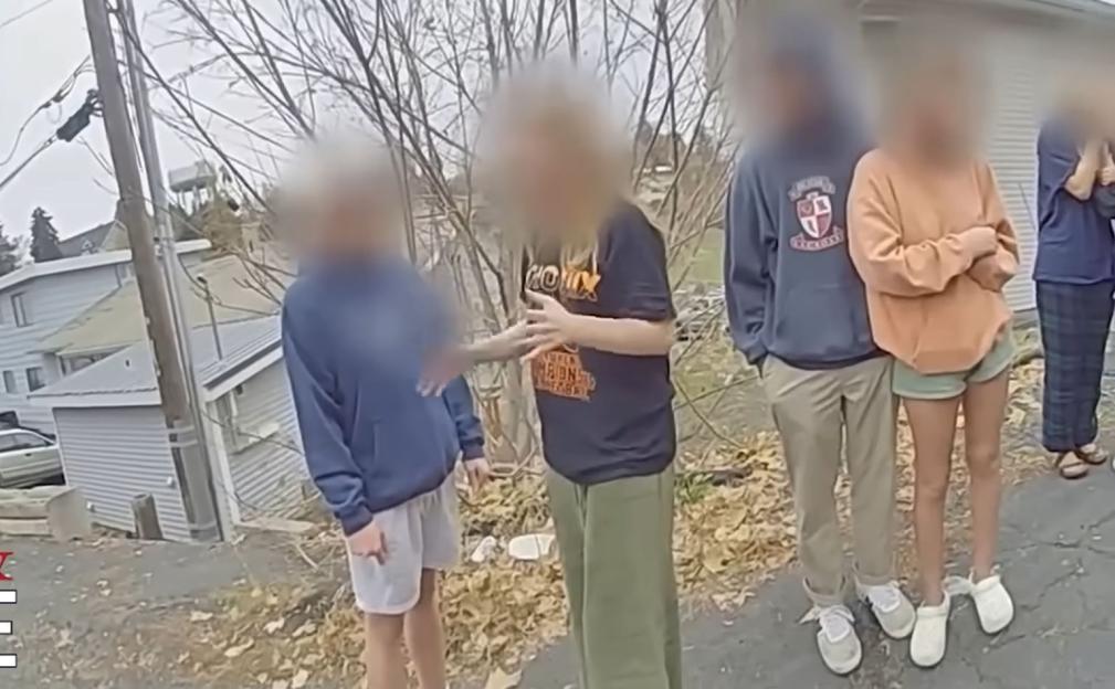 Bodycam footage of teenagers at a crime scene.