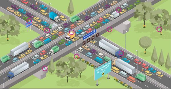 Illustration of a busy motorway with hidden Easter eggs.