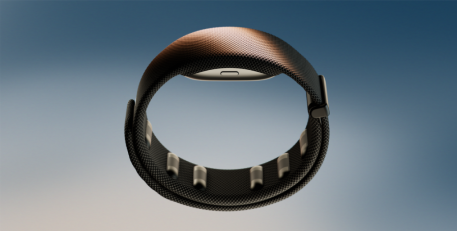 Black smart wristband with metallic clasp and sensors against a blue background.