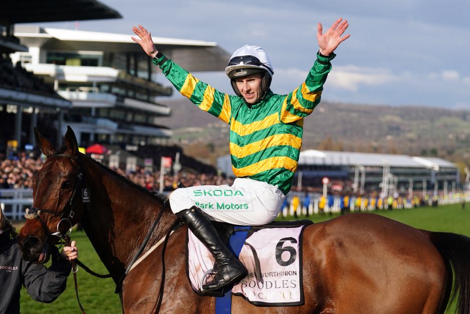 Mark Walsh aboard Inothewayurthinkin after winning the Boodles Cheltenham Gold Cup Chase.