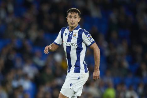 Martin Zubimendi of Real Sociedad during a soccer match.
