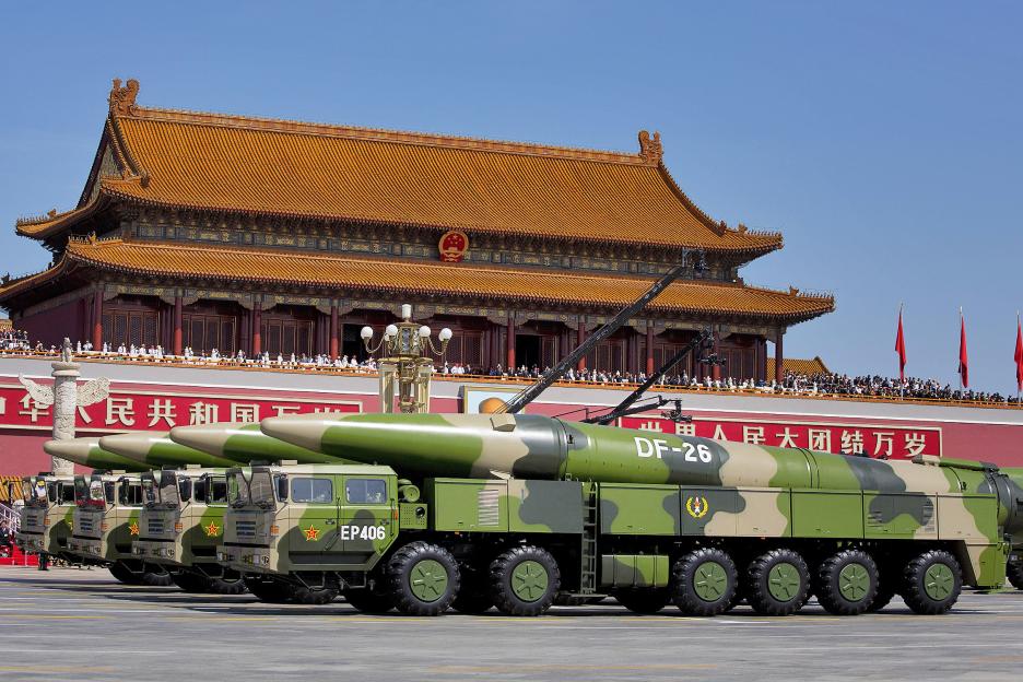 Military vehicles carrying DF-26 ballistic missiles at a military parade in Tiananmen Square, Beijing.