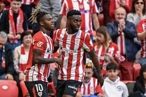Athletic Bilbao forwards Nico Williams and Inaki Williams celebrating a goal.