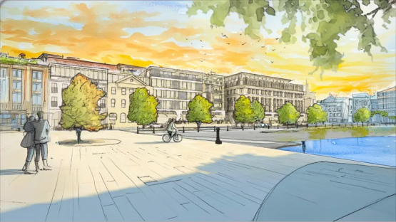 Illustration of a seaside town's proposed development, showing new buildings, a promenade, and people.