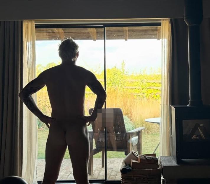 Silhouette of a nude man standing before a patio door.