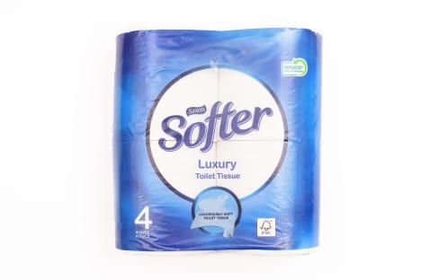 Four rolls of Saxon Softer Luxury toilet tissue.