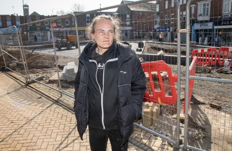 Homeless woman in Sutton-in-Ashfield, Notts, near construction site.