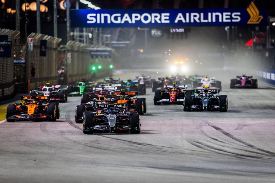 George Russell leading the race start at the Formula One Singapore Grand Prix.