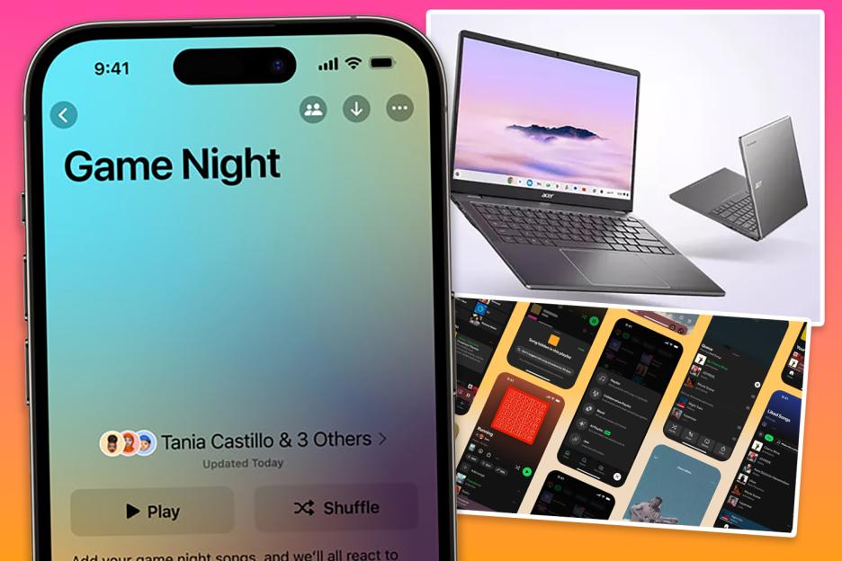 Collage of a smartphone displaying a game night playlist, laptops, and music app interfaces.