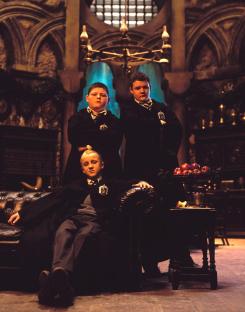 Tom Felton as Draco Malfoy with Crabbe and Goyle in a scene from Harry Potter and the Chamber of Secrets.