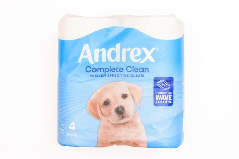 Package of Andrex Complete Clean toilet paper with a puppy on the label.
