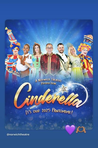 Poster for Norwich Theatre's 2025 pantomime, Cinderella.