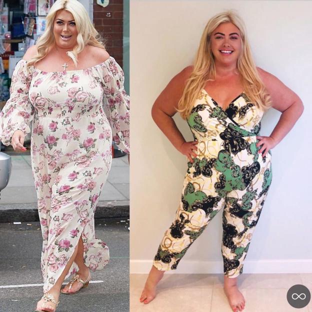 Before and after photos of Gemma Collins showing her weight loss.