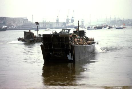 Landing craft carrying troops returning from the Falklands conflict.
