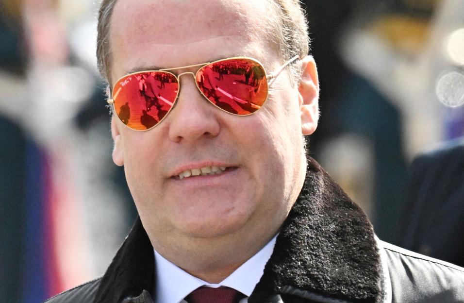 Dmitry Medvedev at a military parade in Red Square, Moscow.