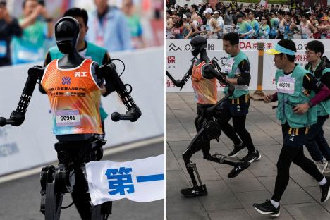 Surreal moment ‘shattered’ robot collapses on line in first ever human vs machine marathon