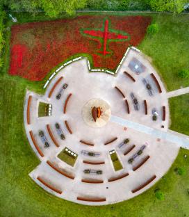 Aerial view of a memorial featuring 20,000 ceramic poppies arranged in the shape of a Lancaster bomber.