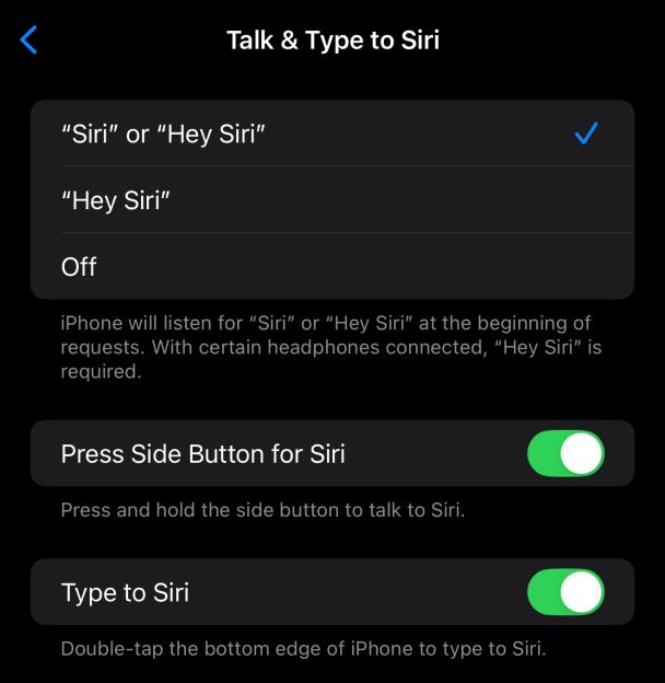iPhone Siri settings: options for voice activation ("Siri" or "Hey Siri," "Hey Siri," or Off) and typing to Siri.