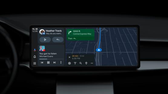 Android Auto interface showing navigation, messaging, and music controls.