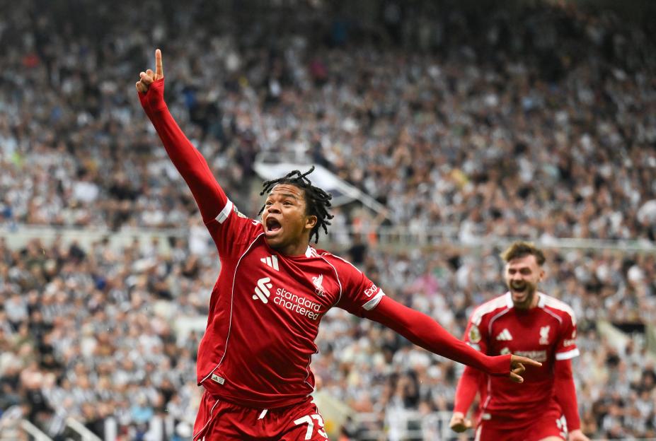 Rio Ngumoha of Liverpool celebrating a goal.
