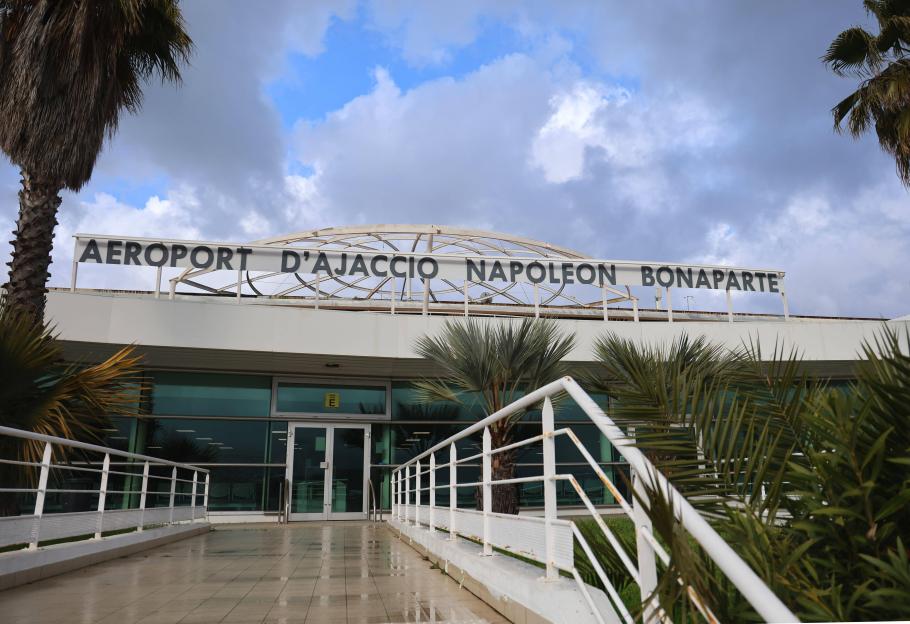 AEROPORT D'AJACCIO NAPOLEON BONAPARTE sign at Ajaccio Napoleon Bonaparte Airport.