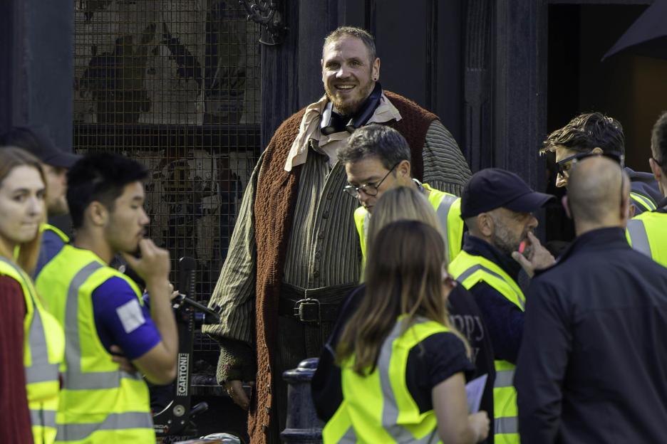 Nick Frost as Hagrid and Dominic McLaughlin as Harry Potter filming on Borough High Street.