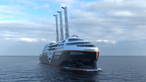 Illustration of the Sea Zero, a zero-emission cruise ship with retractable solar sails.
