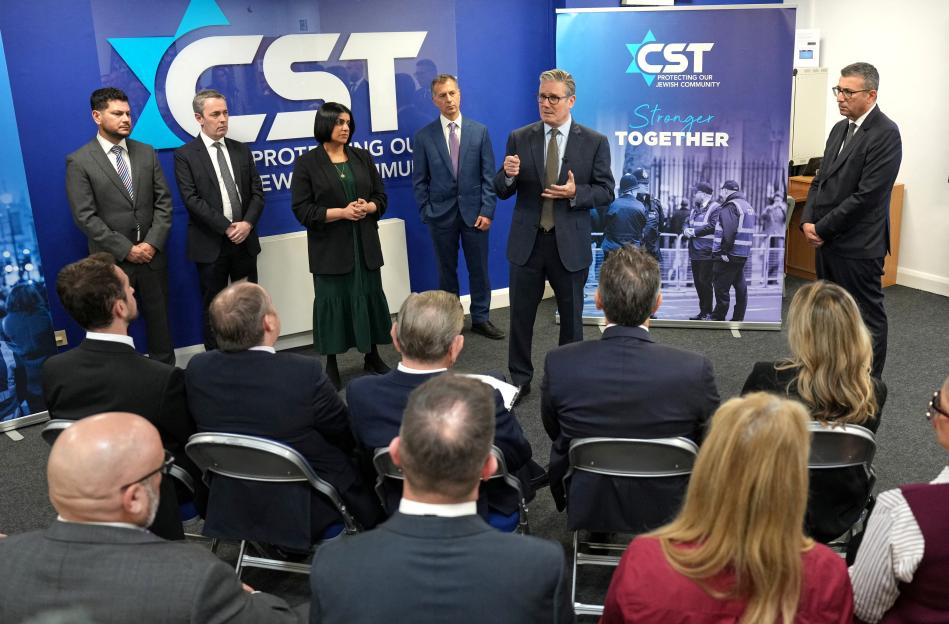 Britain's PM Keir Starmer meets members of the Jewish community at the Community Security Trust (CST) in north west London