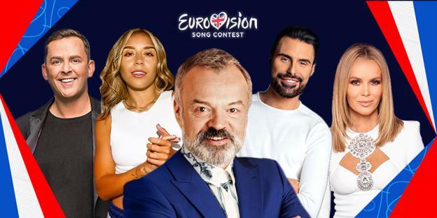 Graham Norton with Eurovision 2021 commentators Scott Mills, Chelcee Grimes, Rylan Clark-Neal, and Amanda Holden.