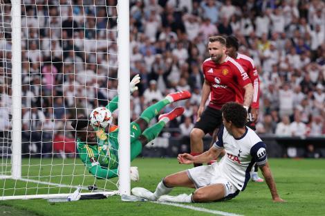 Brennan Johnson of Tottenham Hotspur scoring a goal against Manchester United.