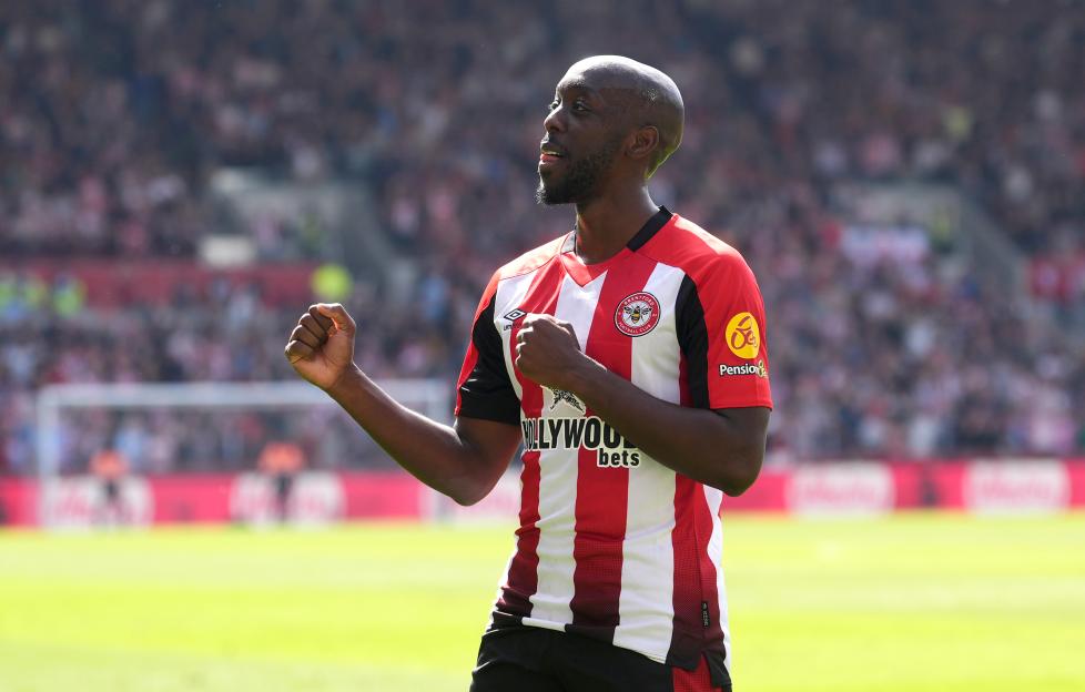 Yoane Wissa, Brentford footballer, celebrating.