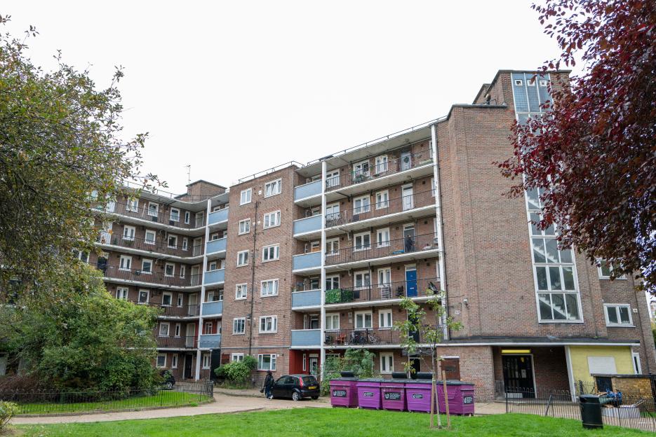 A tall residential building in Tower Hamlets, London.