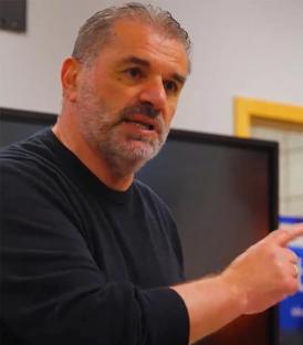 A split image showing a man speaking and a group of soccer players celebrating.