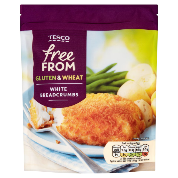 Tesco Free From Gluten & Wheat White Breadcrumbs packaging.