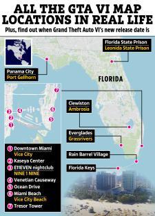 Illustration of GTA VI map locations in real life, including Miami and Florida.