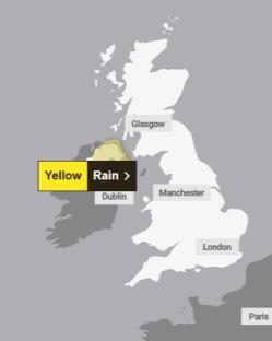 Map of the British Isles highlighting a yellow rain warning.