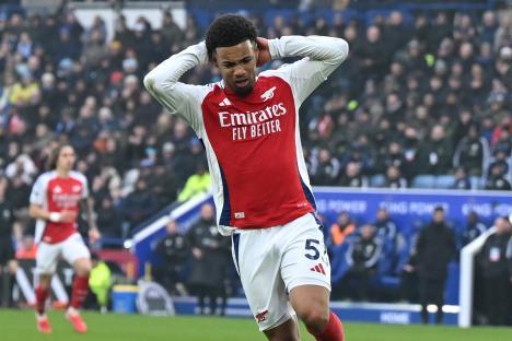 Ethan Nwaneri, Arsenal midfielder, reacts after missing a scoring opportunity.