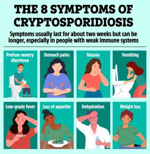 Illustration of eight symptoms of cryptosporidiosis.