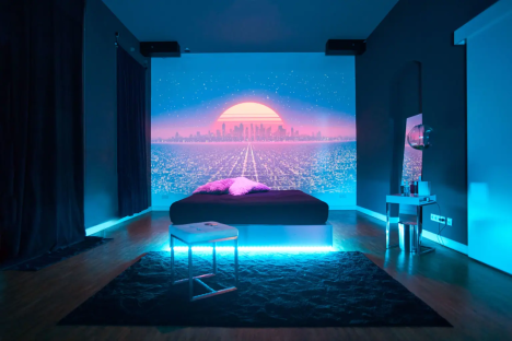 AI-generated image of a futuristic bedroom with a cityscape projection.