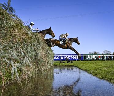 Two horses and jockeys jumping a water jump at a horse race.