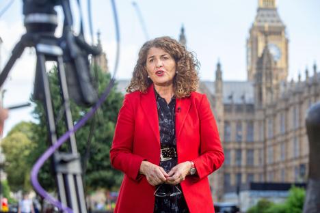 Policing Minister Dame Diana Johnson giving an interview in front of the Houses of Parliament.