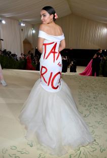 Alexandria Ocasio-Cortez at the Met Gala in a white gown with