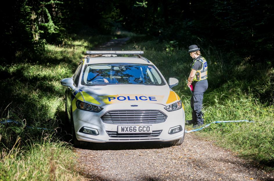 Police car and officer at a crime scene in a forest.